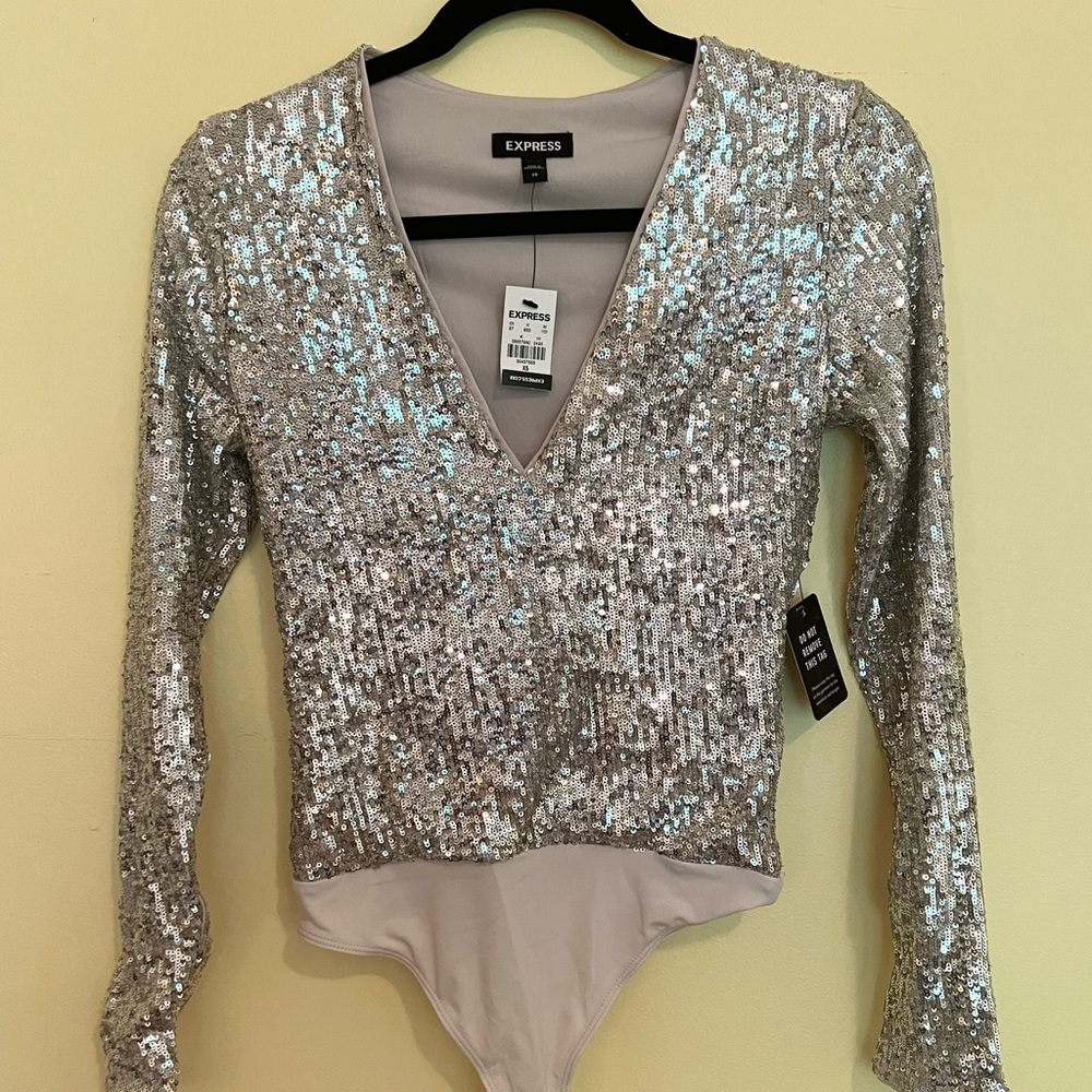 Express sequin top news years silver bodysuit v neck XS and XXS